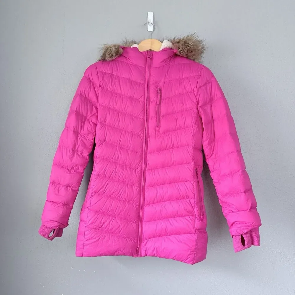 Eddie Bauer Down Parka Jacket Girls L (14) Pink Nylon Sherpa Lined Hooded